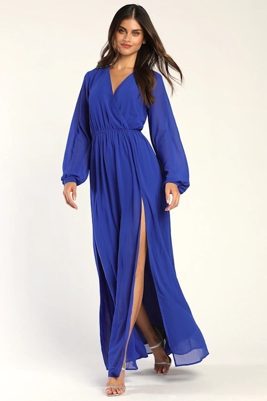 Lulus Wondrous Water Lilies Maxi Dress Women's XL Royal Blue Chiffon Front Slit